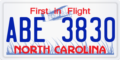 NC license plate ABE3830