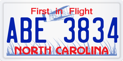 NC license plate ABE3834