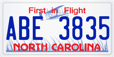 NC license plate ABE3835