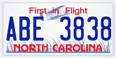 NC license plate ABE3838