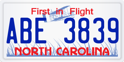 NC license plate ABE3839