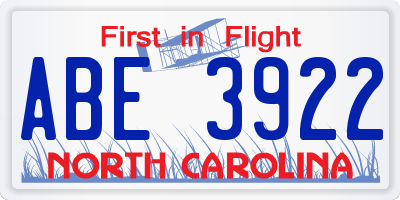 NC license plate ABE3922