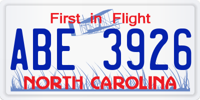 NC license plate ABE3926