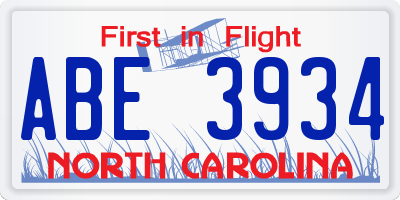 NC license plate ABE3934