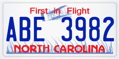 NC license plate ABE3982