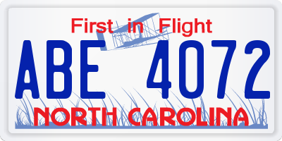 NC license plate ABE4072