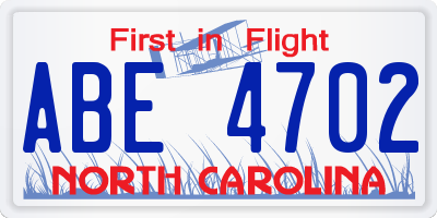 NC license plate ABE4702