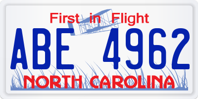 NC license plate ABE4962