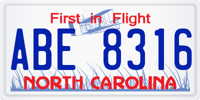 NC license plate ABE8316