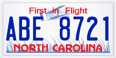 NC license plate ABE8721