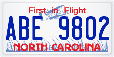 NC license plate ABE9802