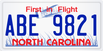 NC license plate ABE9821