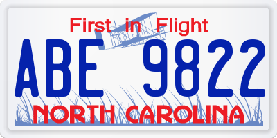 NC license plate ABE9822