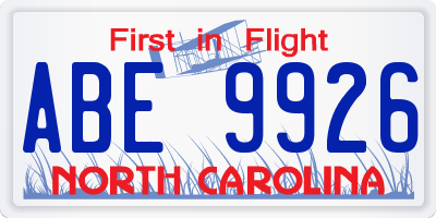 NC license plate ABE9926