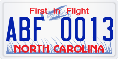 NC license plate ABF0013