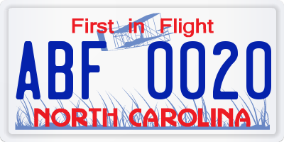 NC license plate ABF0020