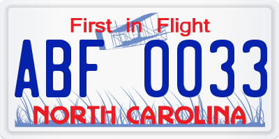 NC license plate ABF0033