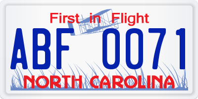 NC license plate ABF0071