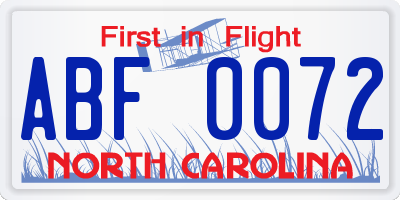 NC license plate ABF0072