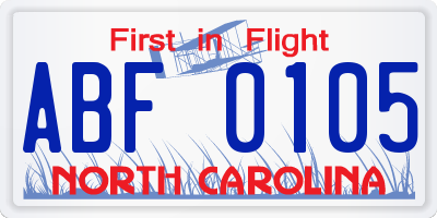 NC license plate ABF0105