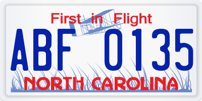 NC license plate ABF0135