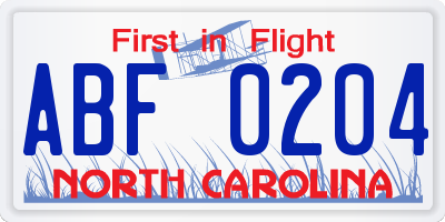 NC license plate ABF0204