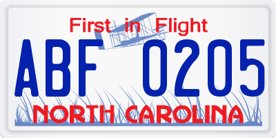 NC license plate ABF0205