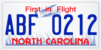 NC license plate ABF0212