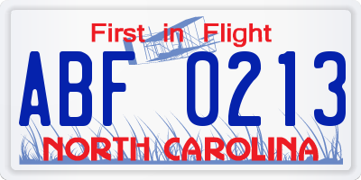 NC license plate ABF0213