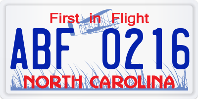 NC license plate ABF0216