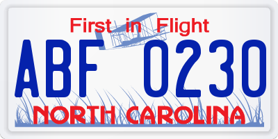 NC license plate ABF0230