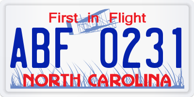 NC license plate ABF0231