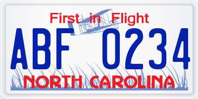 NC license plate ABF0234