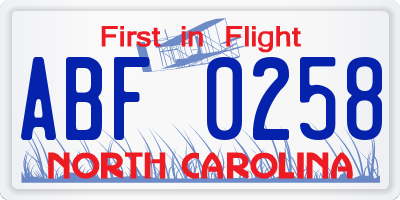 NC license plate ABF0258