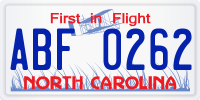 NC license plate ABF0262