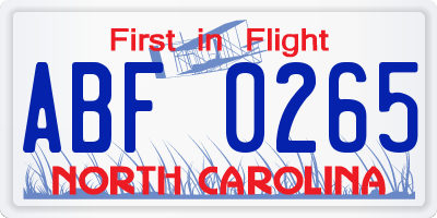 NC license plate ABF0265