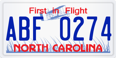 NC license plate ABF0274