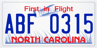 NC license plate ABF0315