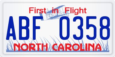 NC license plate ABF0358