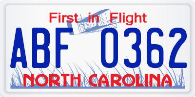 NC license plate ABF0362