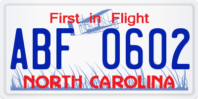 NC license plate ABF0602