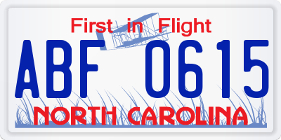 NC license plate ABF0615