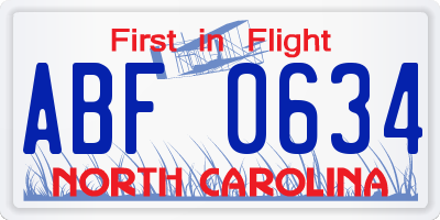 NC license plate ABF0634