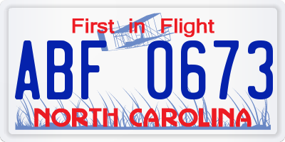 NC license plate ABF0673