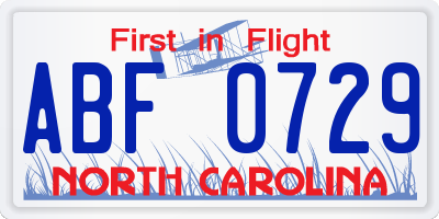 NC license plate ABF0729