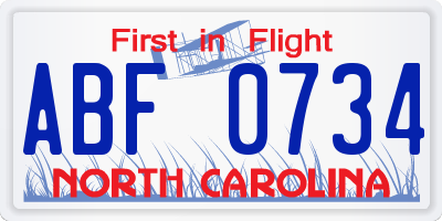 NC license plate ABF0734