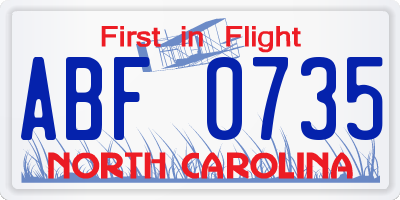 NC license plate ABF0735