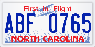 NC license plate ABF0765
