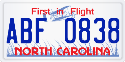 NC license plate ABF0838