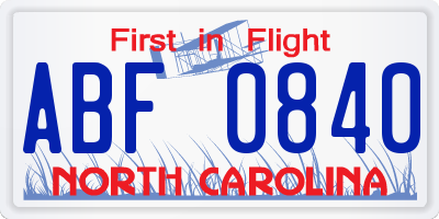 NC license plate ABF0840